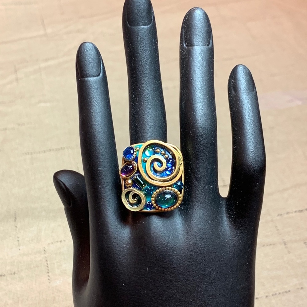 Square Blue and Emerald Swirl Ring